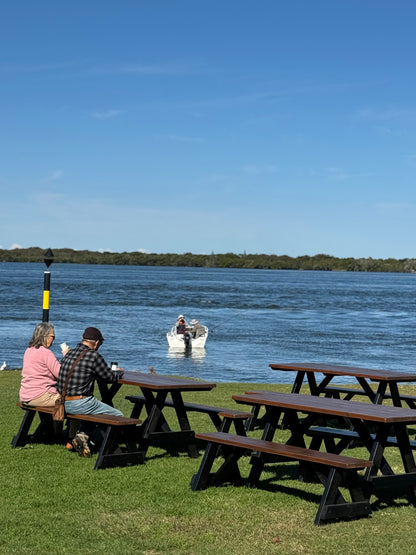 Walnut stain A-Frame outdoor dining set with black legs for cafes, restaurants, and premium outdoor areas in Australia