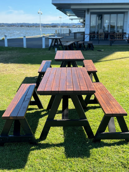 Walnut stain A-Frame outdoor dining set with black legs for cafes, restaurants, and premium outdoor areas in Australia