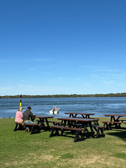 Walnut stain A-Frame 3-piece outdoor set with black legs designed for hotels, resorts, rooftop venues, and alfresco hospitality spaces in Australia