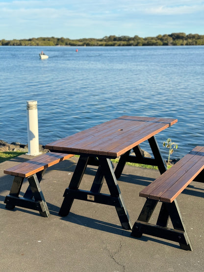 Walnut stain A-Frame 3-piece outdoor set with black legs suitable for corporate campuses, council projects, and shared public outdoor areas in Australia