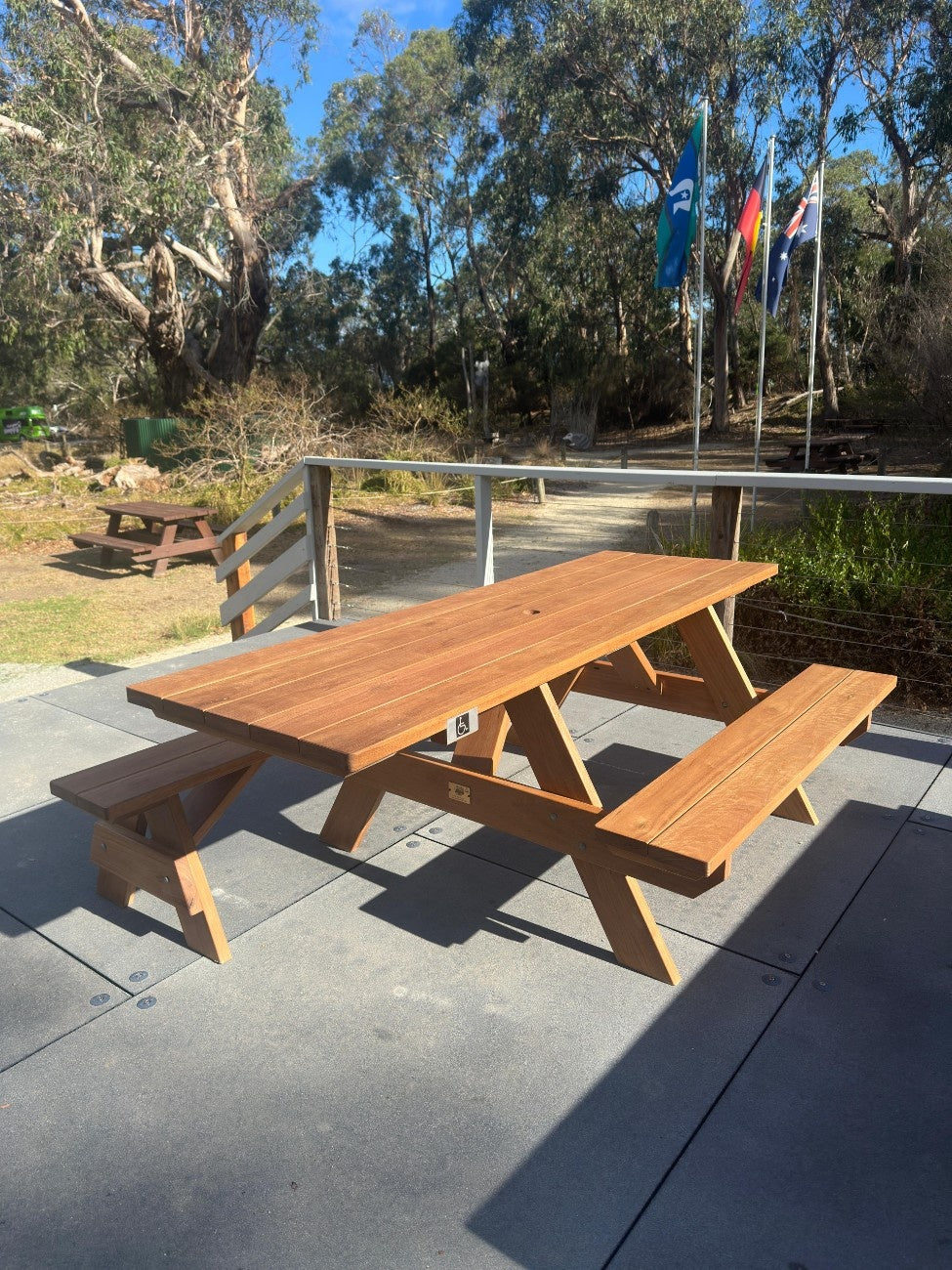 Disability-friendly outdoor picnic table with accessible seating, ideal for Australian parks, cafés, campuses and community environments.