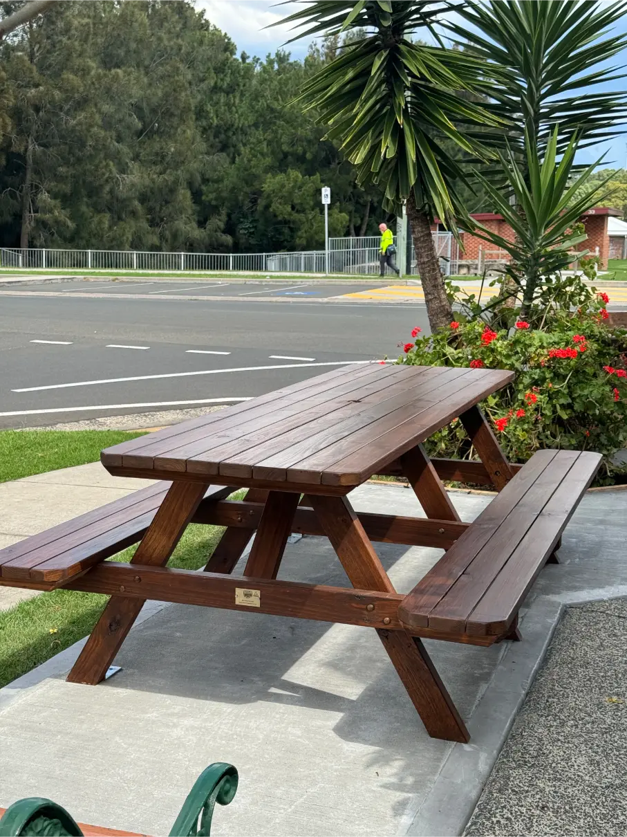 pine picnic table dark walnut commercial bars cafes outdoor Australia