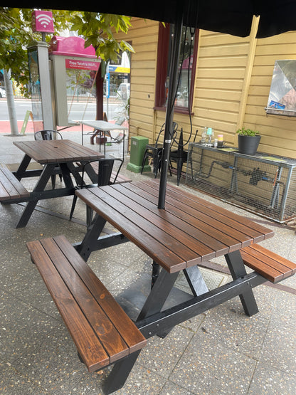Commercial-grade picnic table with black legs by Auscraft, ideal for outdoor café, restaurant and dining areas across Australia