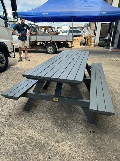 Sleek black picnic table suited for event venues, festivals, and temporary outdoor gathering zones in Australia