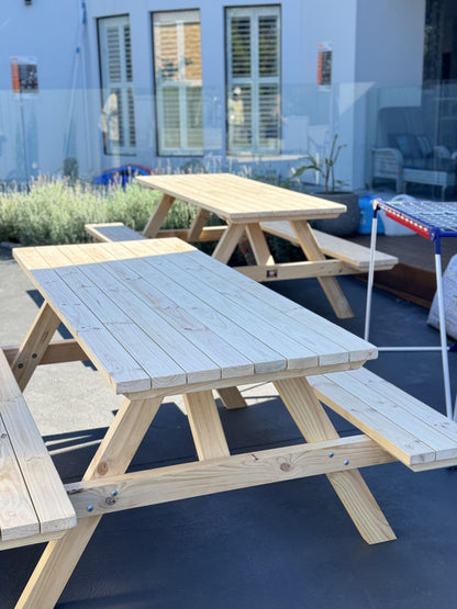 Raw timber picnic table suited for outdoor café seating and warm, casual dining spaces in Australia