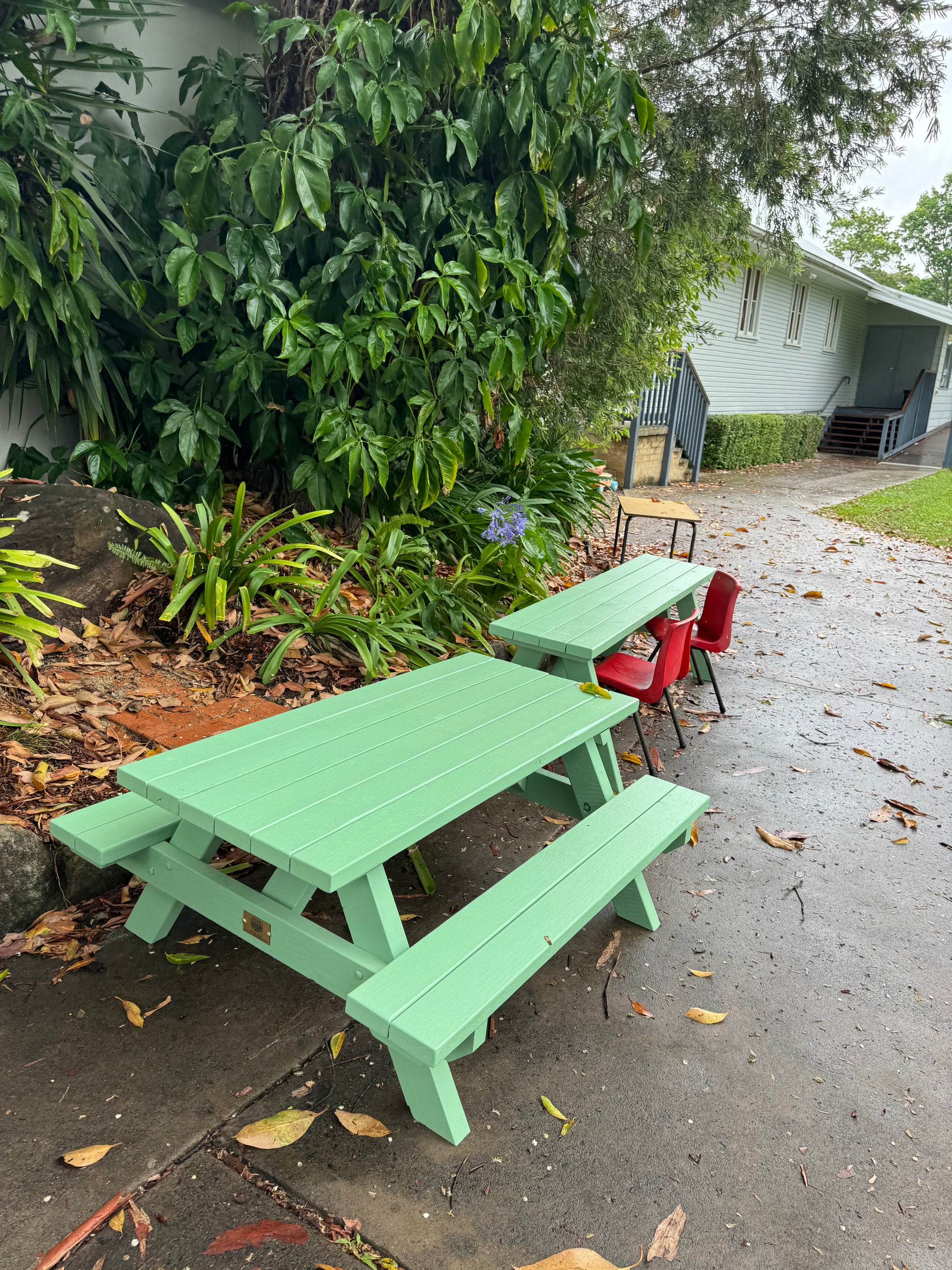 Custom painted kid-size outdoor picnic table for school use in Australia