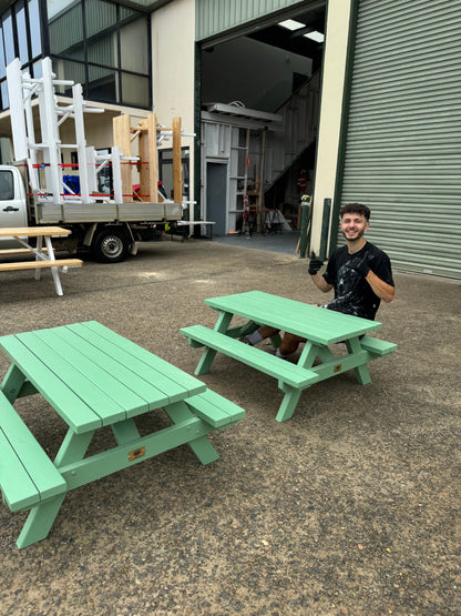 Custom painted kid-size picnic table manufactured in Australia for home gardens and backyard use