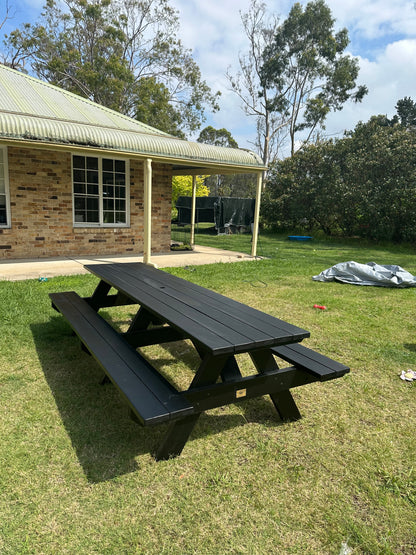 Black heavy duty picnic table with umbrella hole perfect for sports clubs and spectator shaded seating in Australia