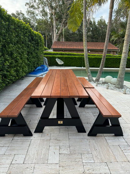 Hardwood picnic table with black legs for hotel gardens and resort outdoor guest areas in Australia