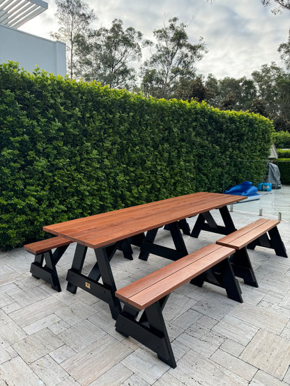 Hardwood picnic table with black legs for residential siteand modern backyard outdoor spaces in Australia