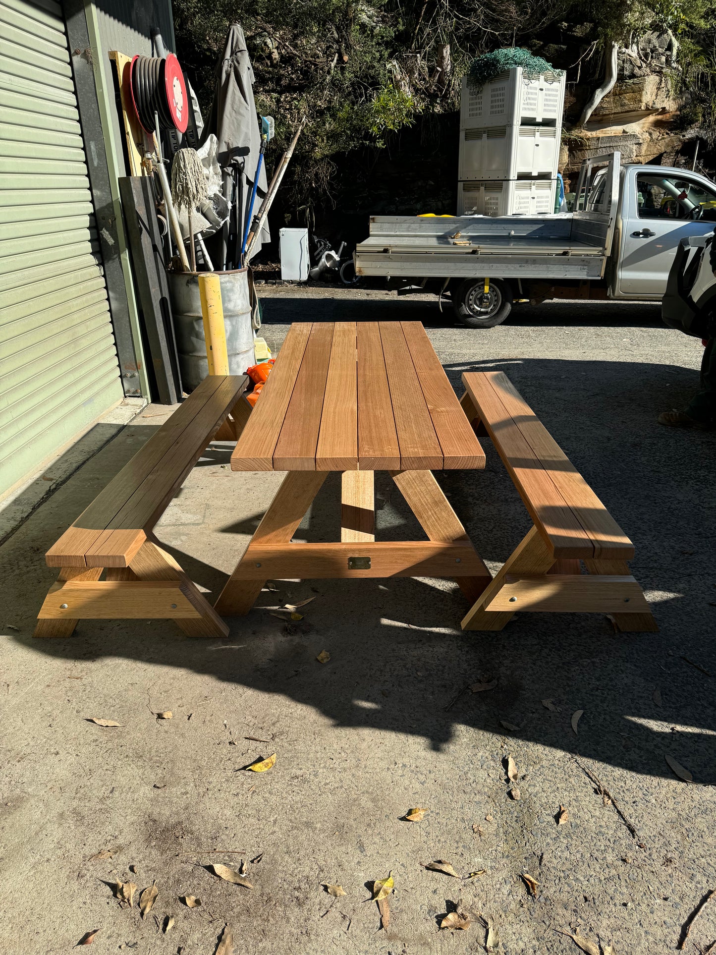 Oiled hardwood picnic table suitable for shared courtyards in residential and mixed-use property developments in Australia