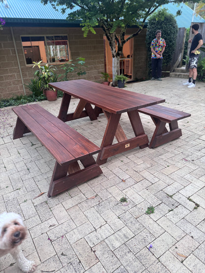 Walnut stain heavy-duty 3-piece outdoor table set for premium commercial patios and landscaped outdoor areas in Australia