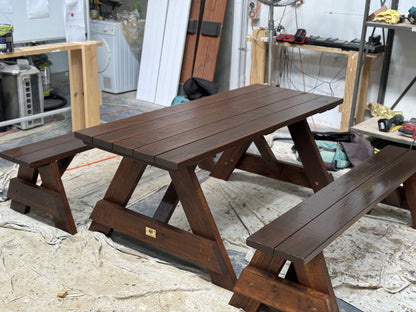 Walnut stain heavy-duty 3-piece outdoor table set designed for corporate campuses, workplace courtyards, and shared outdoor spaces in Australia