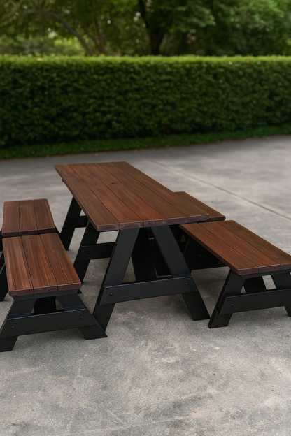 Custom stain heavy-duty outdoor table with black legs for university campuses and educational outdoor common areas in Australia