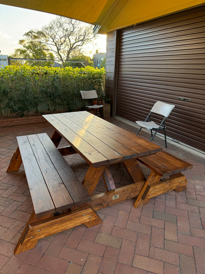 Walnut stain heavy-duty outdoor table for workplace courtyards and corporate outdoor break areas in Australia