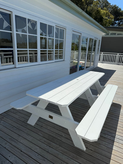 Custom stain heavy duty picnic table with white legs, ideal for restaurant outdoor dining areas needing durable and distinctive seating in Australia