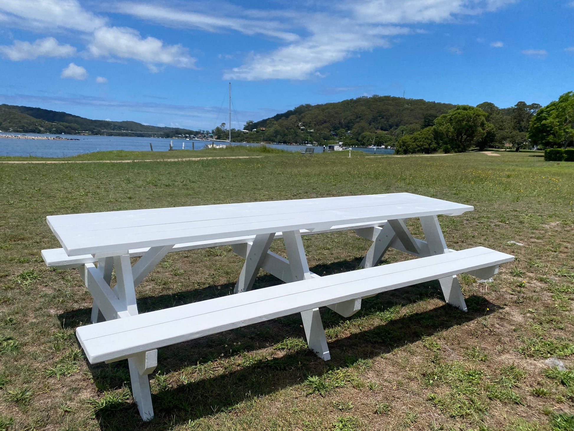 Durable premium white picnic table designed for public parks and shared outdoor seating spaces that demand strength and long-term weather performance in Australia