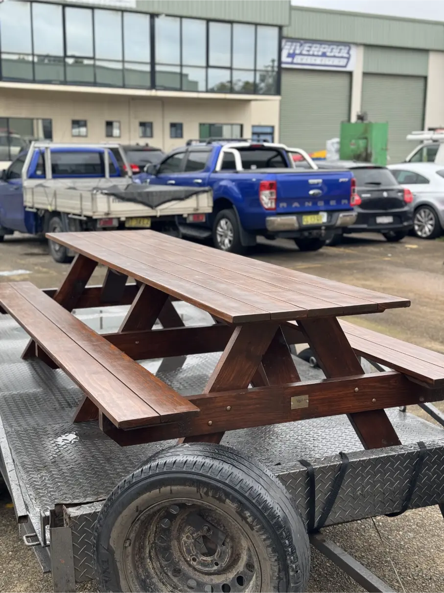 Strong walnut heavy duty picnic table designed for film sets and temporary outdoor crew break areas in Australia