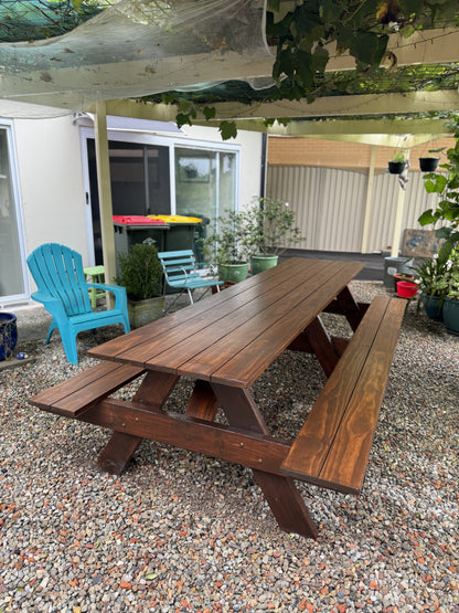 Walnut heavy duty picnic table ideal for theme parks and high-traffic family outdoor seating areas in Australia