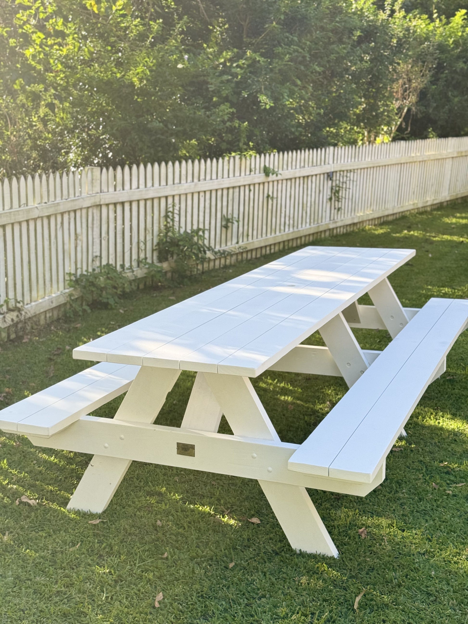 Strong white picnic table designed for busy beer gardens and brewery outdoor spaces in Australia