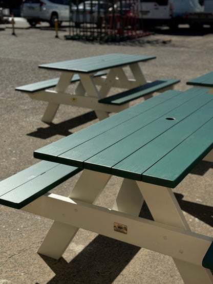 Commercial grade black picnic table with white base suitable for school outdoor lunch areas and student gathering spaces in Australia