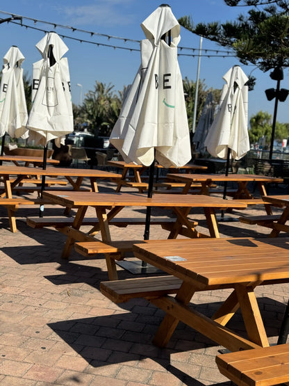 Light walnut commercial picnic table by Auscraft, ideal for outdoor seating in Australian cafés, restaurants and bar venues