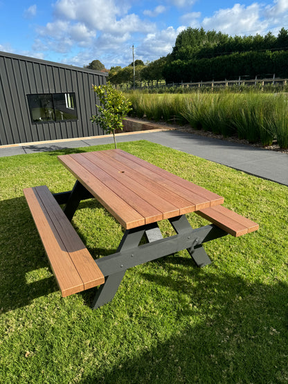 “Outdoor picnic tables featuring a matte walnut top and black legs, ideal for Melbourne backyards, cafés, restaurants and modern outdoor settings