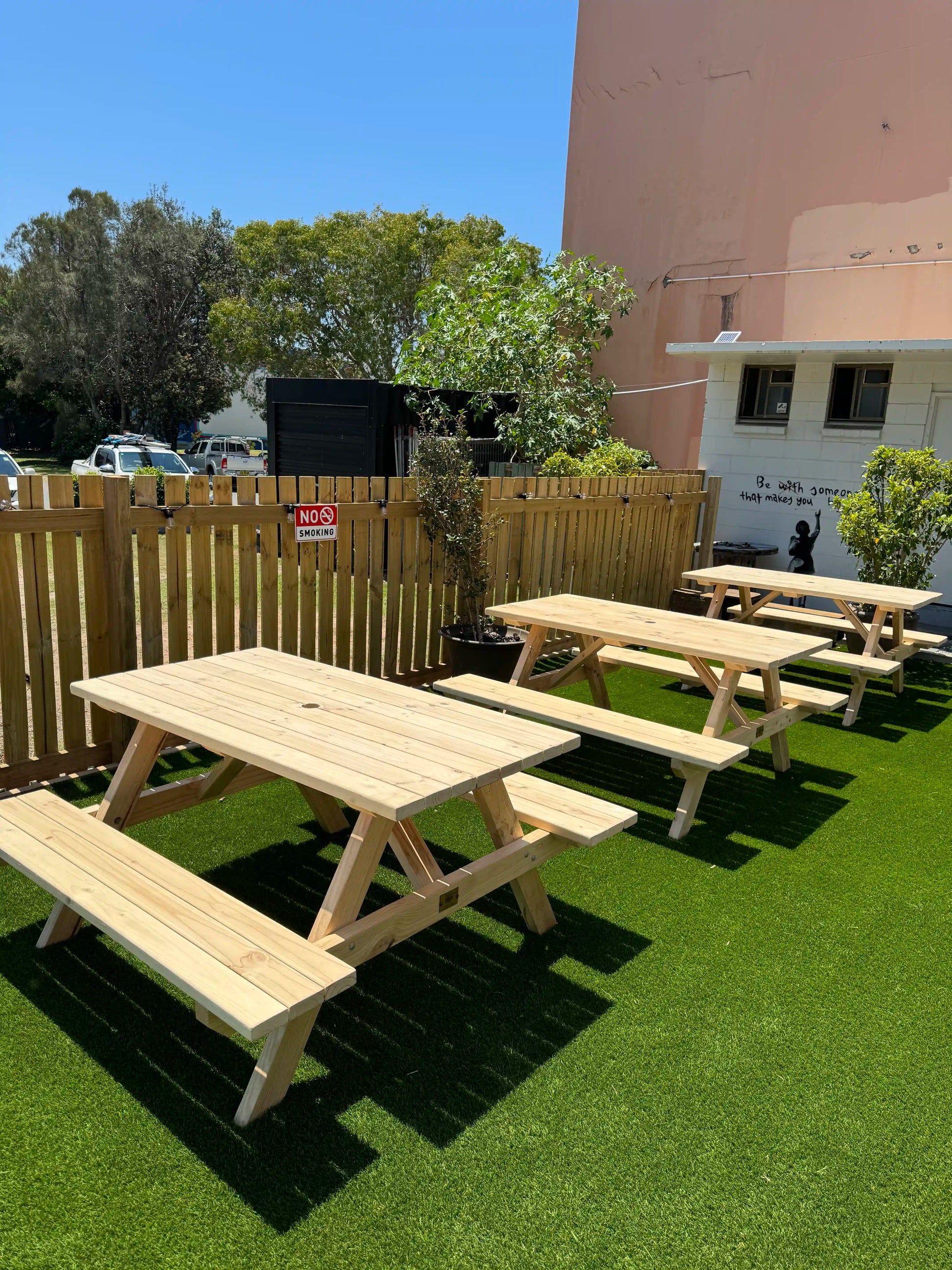 pine picnic table raw timber commercial cafe restaurant outdoor Australia