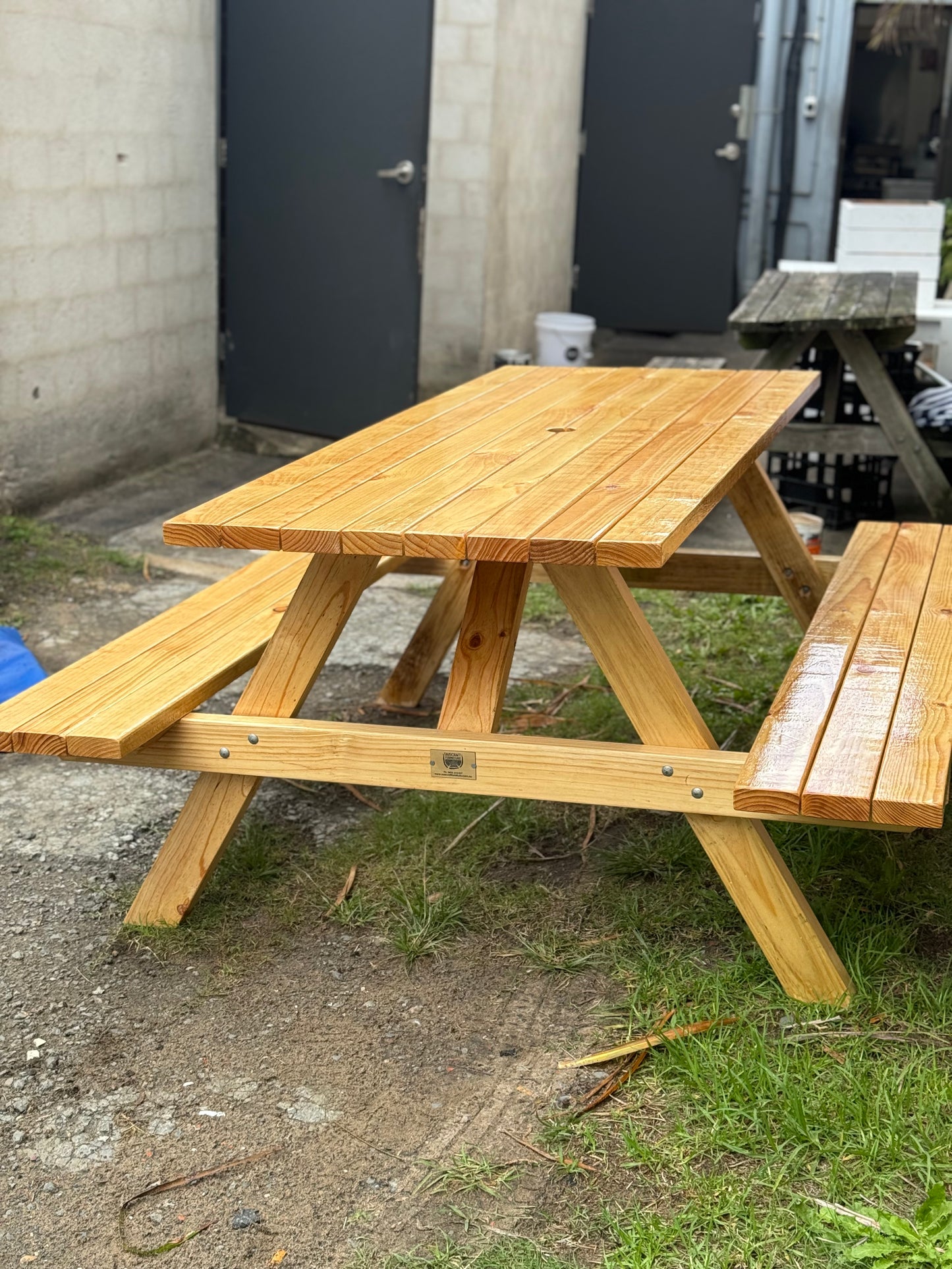Raw timber-look picnic table with a protective varnished coating by Auscraft, perfect for Australian backyard and garden areas