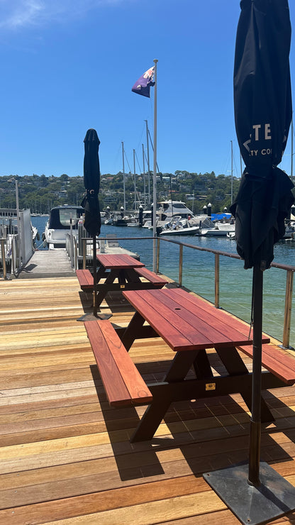 Auscraft outdoor picnic table designed for Melbourne seaside cafés, offering durable seating for coastal commercial dining areas.