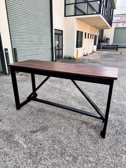 Custom stain high bar table with black legs for outdoor garden dining and entertaining