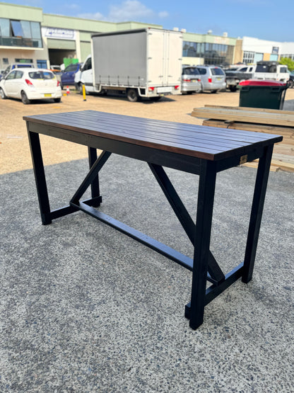 Premium solid wood high bar table with custom stain and black legs for backyard gardens and outdoor entertaining in Australia