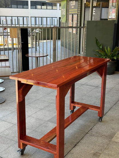 Premium solid wood high bar table with full varnish finish, ideal for home patios and backyard gardens in Australia