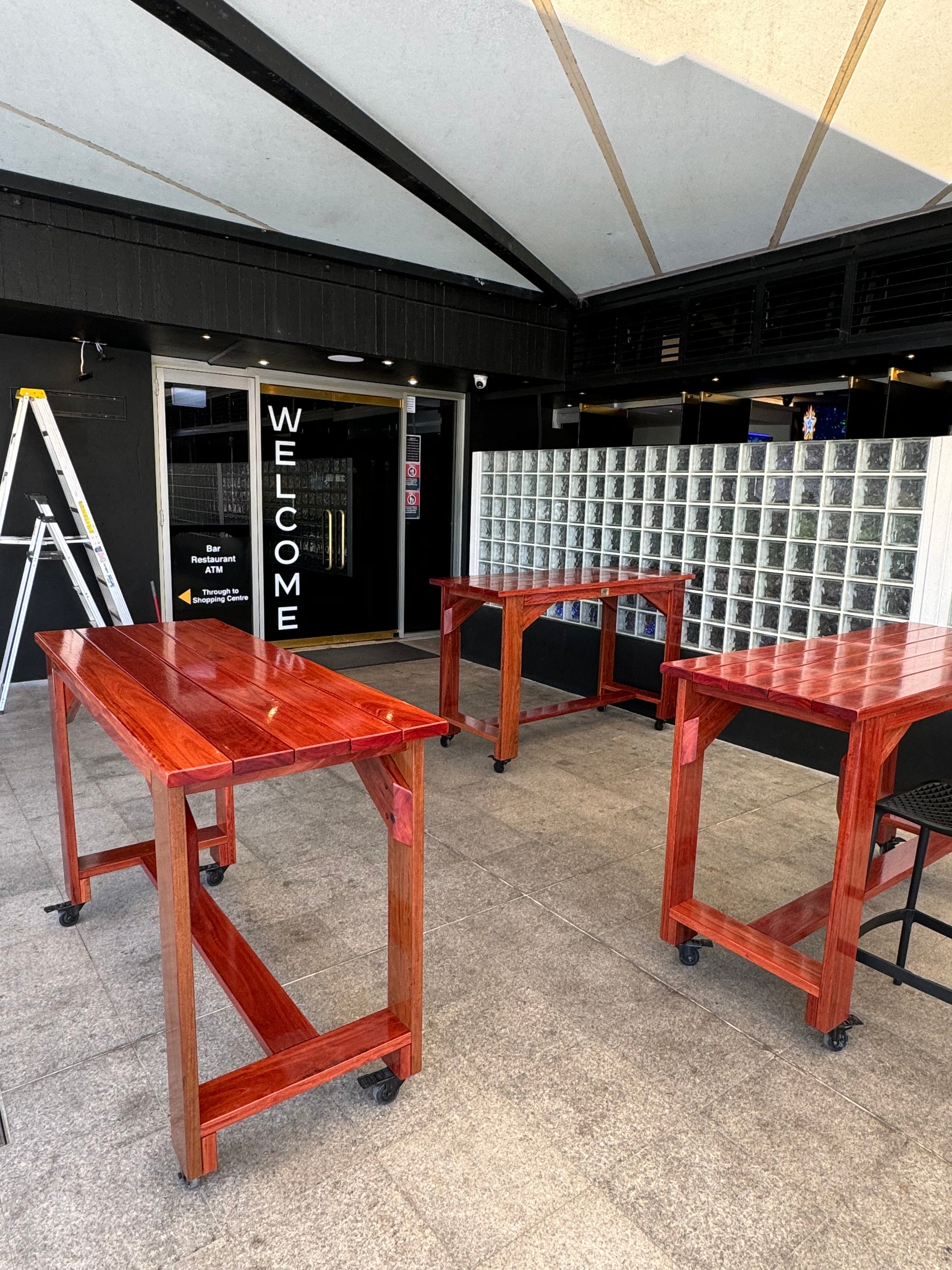 Full varnished solid wood high bar table for office and workplace break areas, durable and handcrafted in Australia