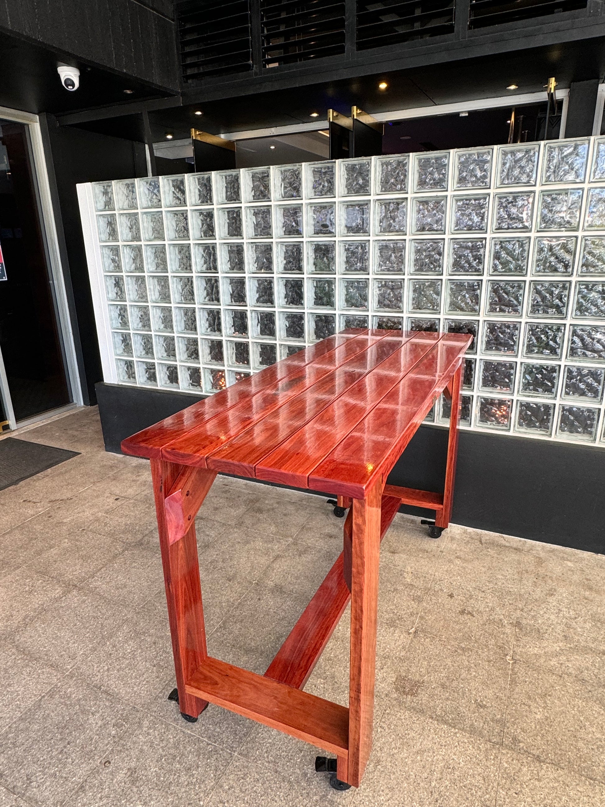 Full varnished solid wood high bar table for outdoor kitchens and dining areas