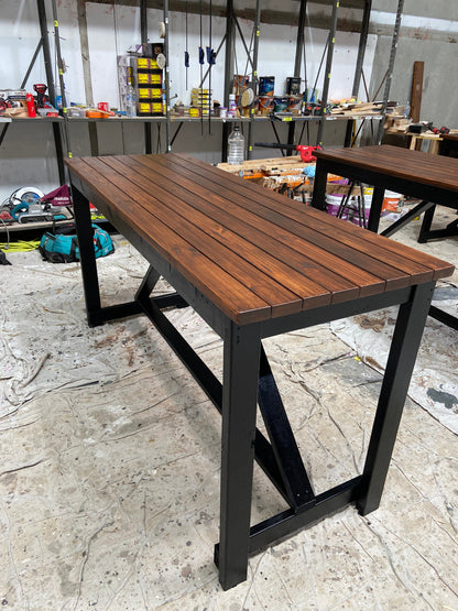 Solid wood high bar table with varnished tops and black legs for cafe and restaurant outdoor courtyards in Australia