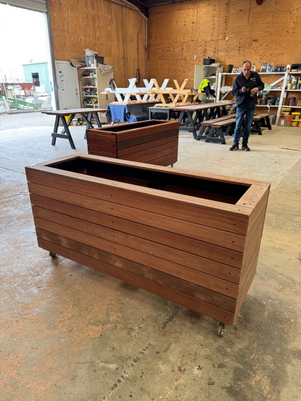 Premium traditional planter box made from kiln-dried Jambu hardwood, stylish and durable, ideal for coffee shop entrances and outdoor seating areas.