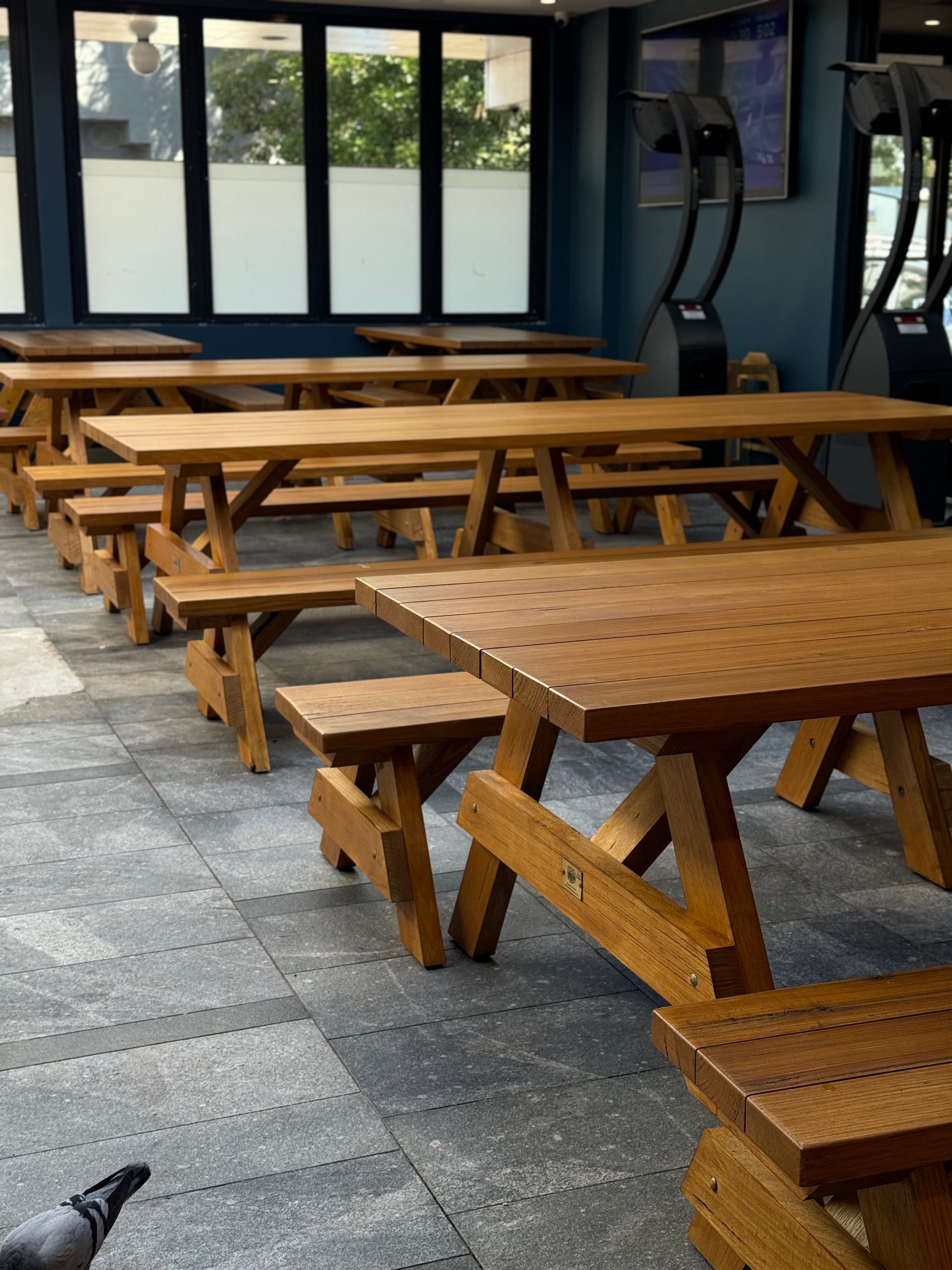Varnished walnut hardwood picnic table designed for school grounds and educational outdoor spaces in Australia